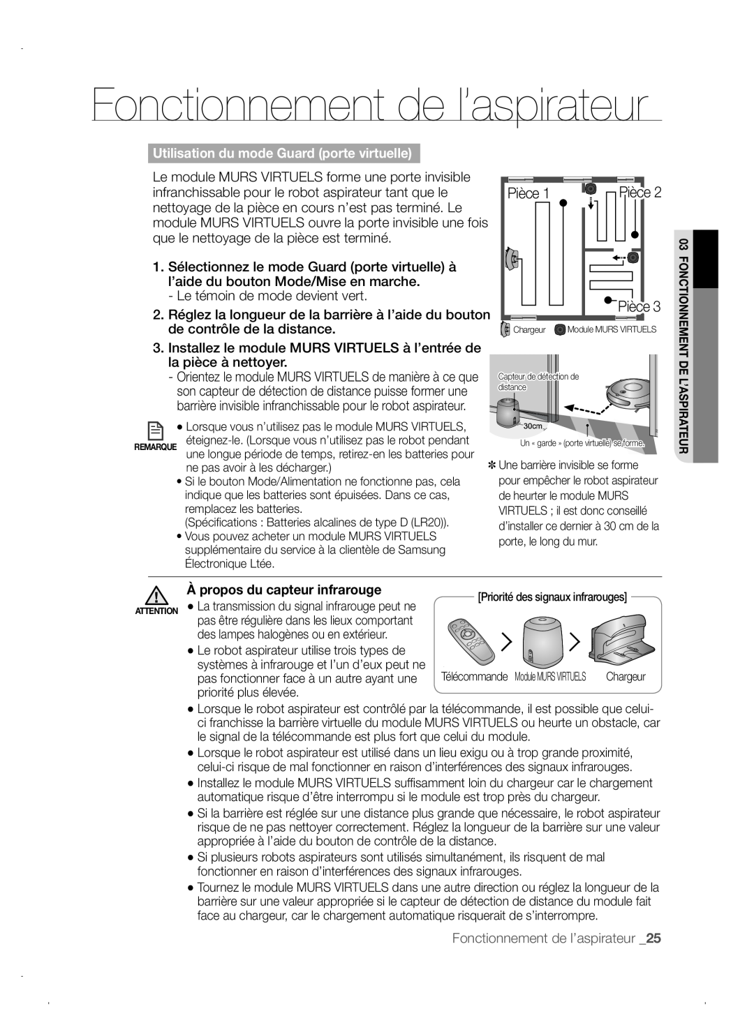 Samsung VCR8845T3A/XET Fonctionnement de l’aspirateur, Pièce 1 Pièce Pièce, Utilisation du mode Guard porte virtuelle 