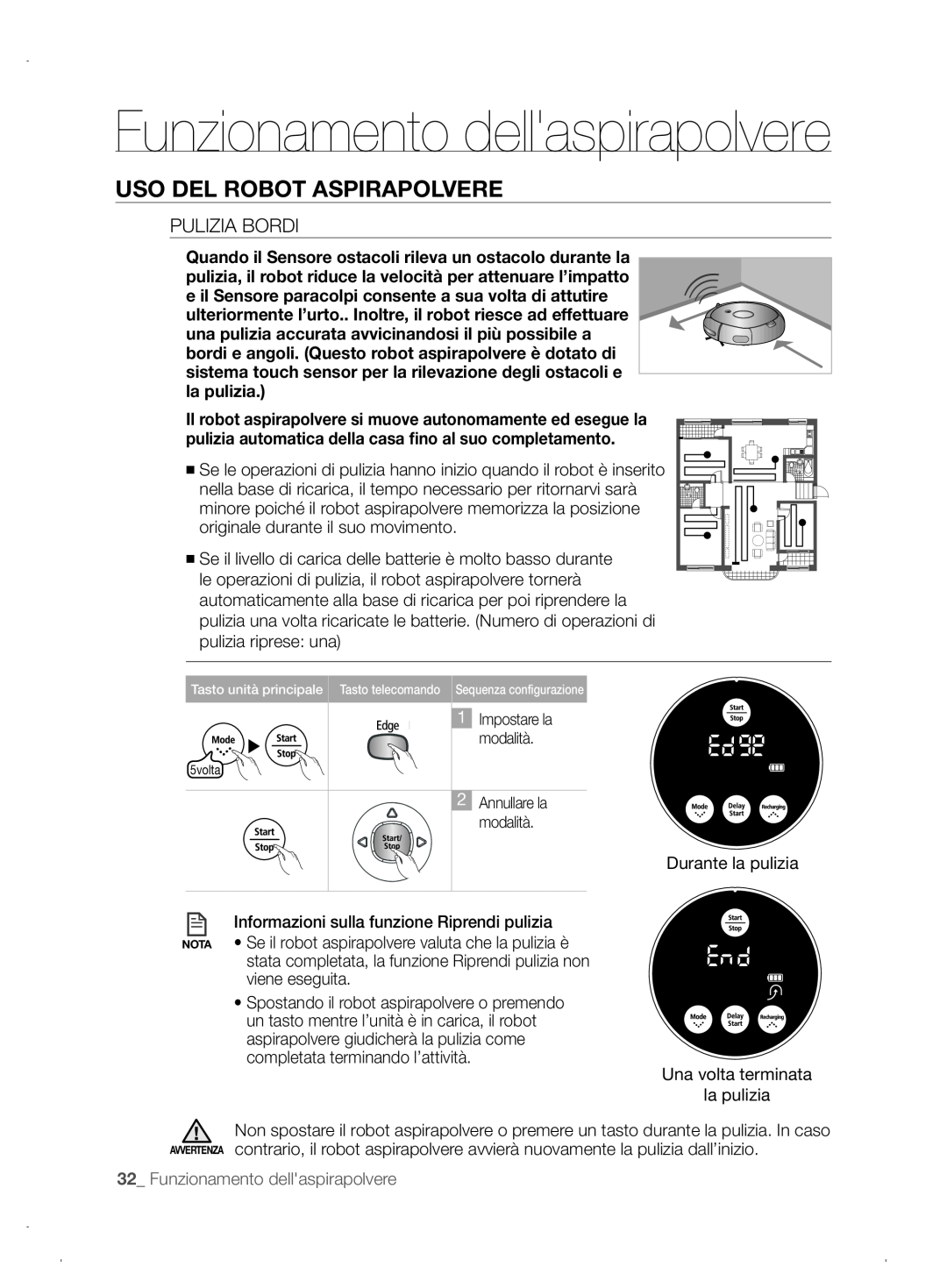 Samsung VCR8845T3A/XEO, VCR8845T3A/XET manual Funzionamento dellaspirapolvere, Uso Del Robot Aspirapolvere, Pulizia bordi 