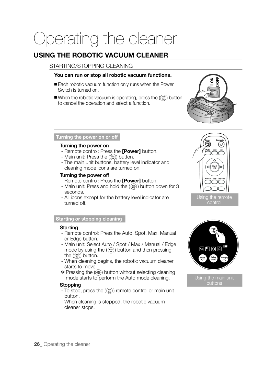 Samsung VCR8845T3A/XEO manual Using the robotic vacuum cleaner, Operating the cleaner, Turning the power on or off 