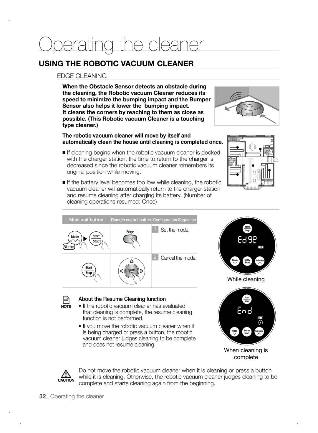 Samsung VCR8845T3A/XEO, VCR8845T3A/XET manual Operating the cleaner, Using the robotic vacuum cleaner, Edge Cleaning 