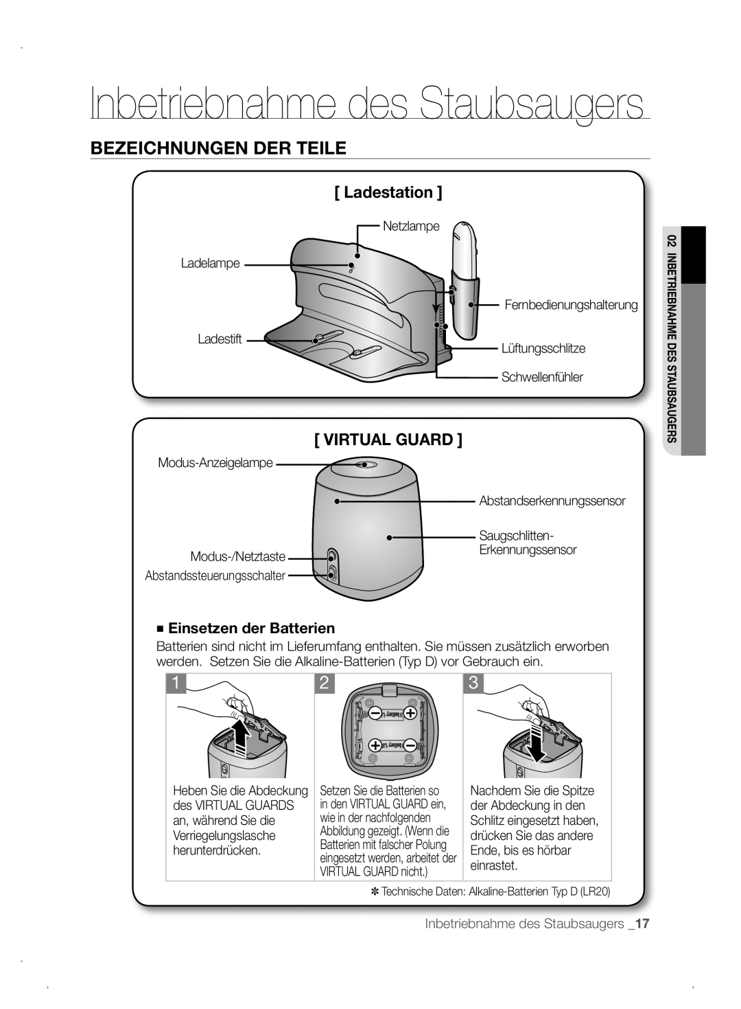 Samsung VCR8845T3A/XET manual Ladestation, Virtual Guard, Inbetriebnahme des Staubsaugers, Bezeichnungen Der Teile 