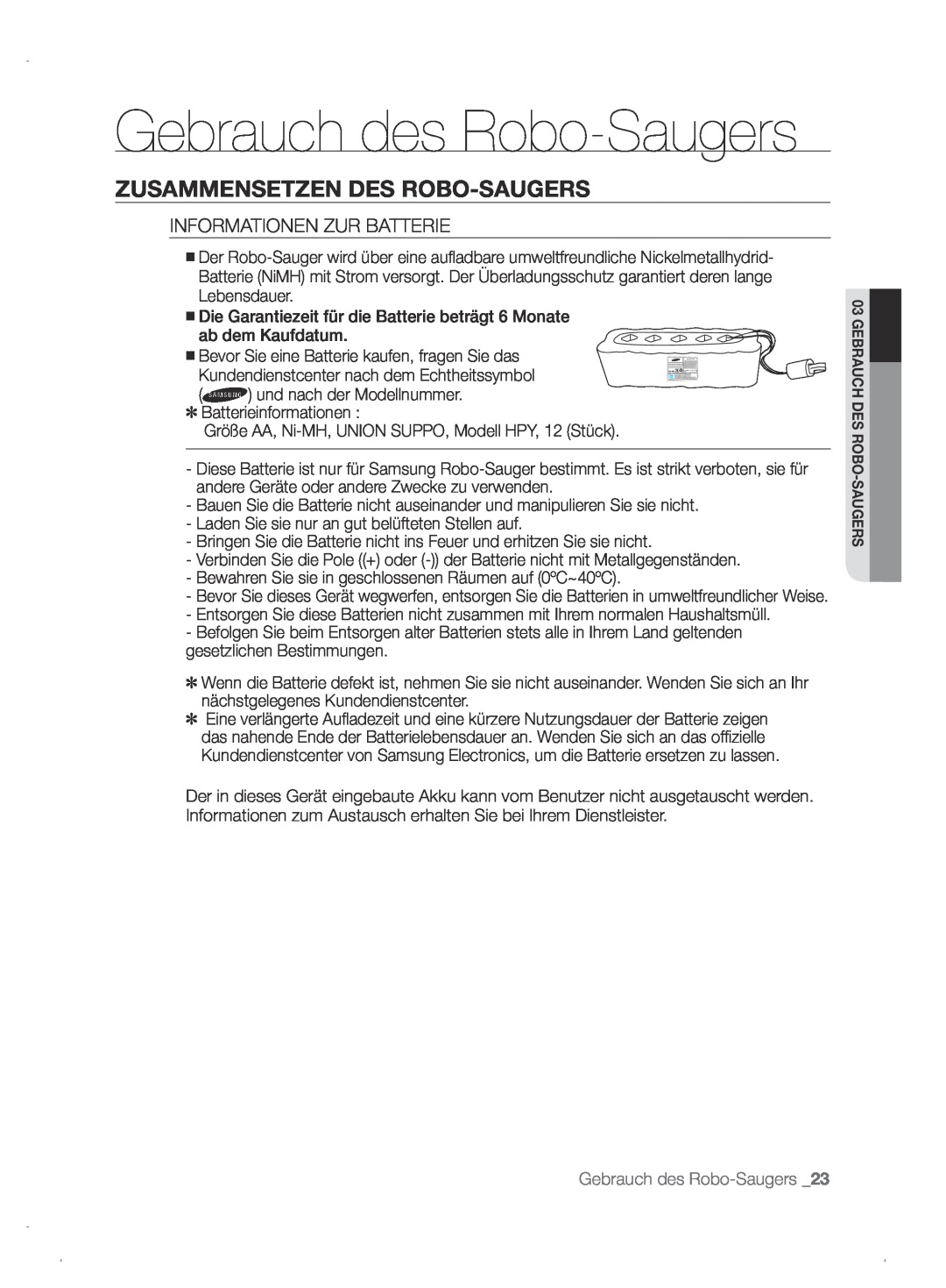 Samsung VCR8845T3A/XET manual Gebrauch des Robo-Saugers, Zusammensetzen Des Robo-Saugers, Informationen Zur Batterie 
