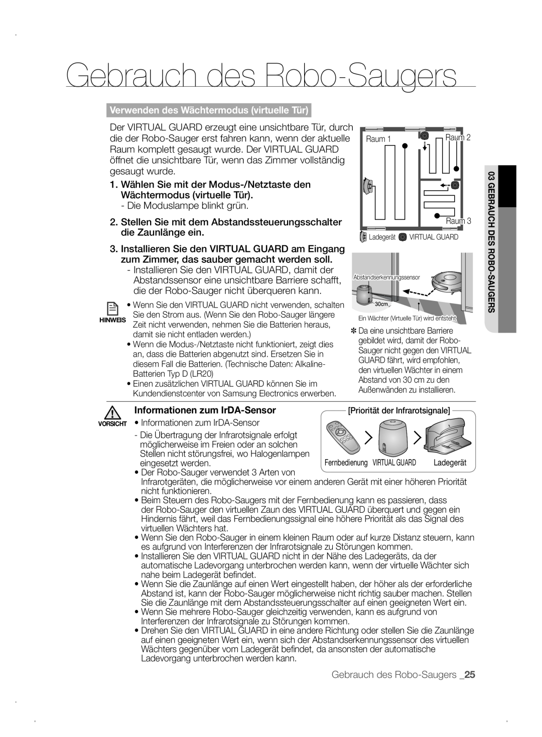 Samsung VCR8845T3A/XEO Gebrauch des Robo-Saugers, Verwenden des Wächtermodus virtuelle Tür, Informationen zum IrDA-Sensor 