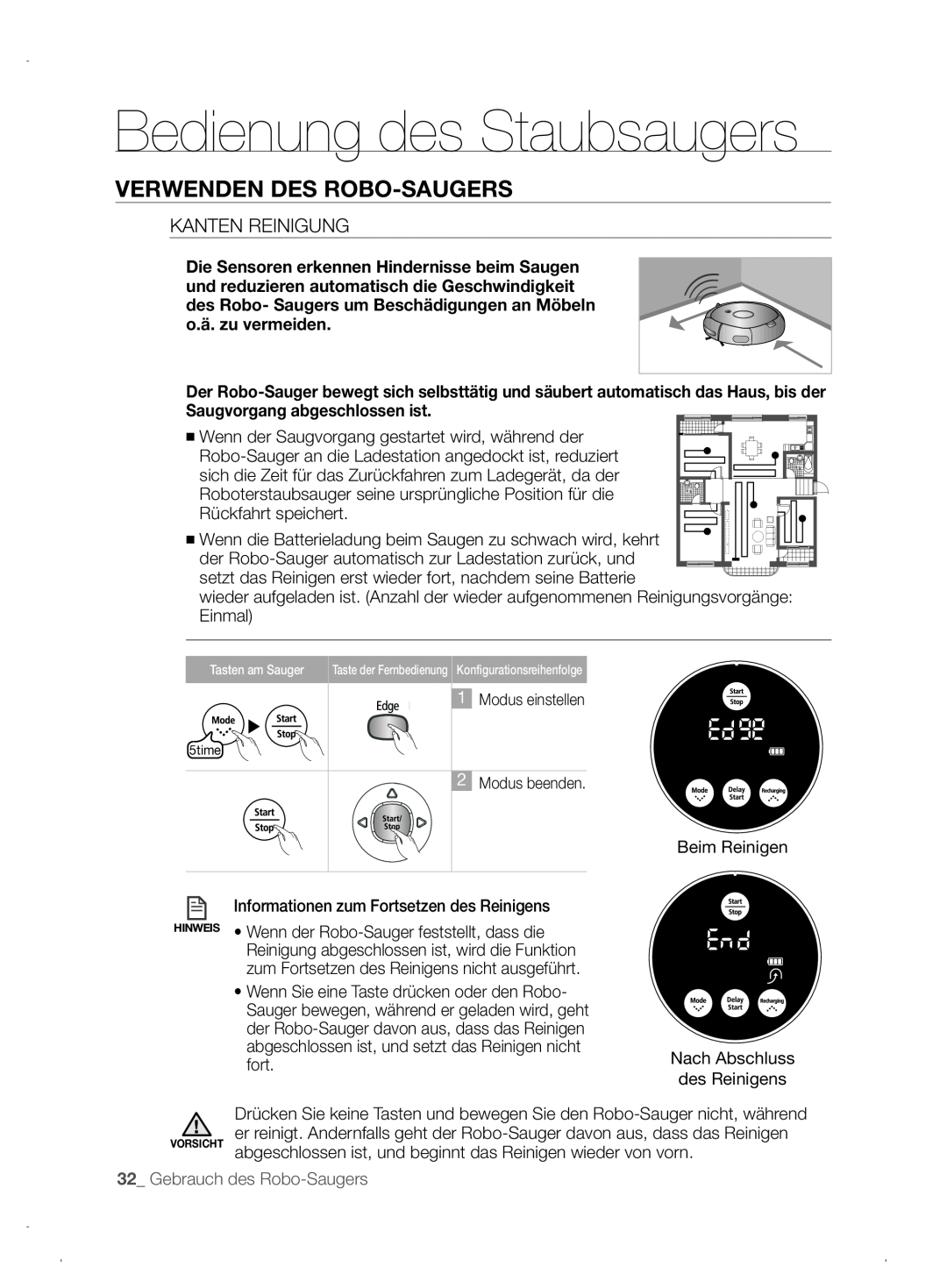 Samsung VCR8845T3A/XET, VCR8845T3A/XEF manual Bedienung des Staubsaugers, Verwenden Des Robo-Saugers, Kanten Reinigung 