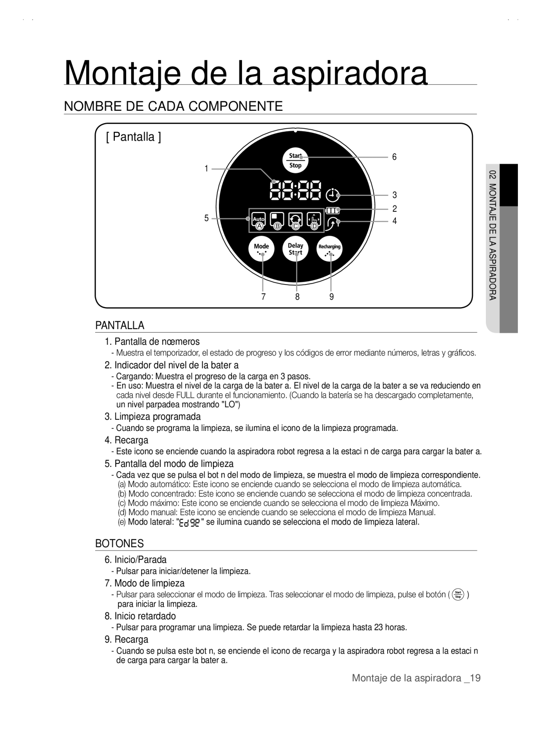 Samsung VCR8845T3A/XEF Pantalla de números, Indicador del nivel de la batería, Limpieza programada, Recarga, Inicio/Parada 