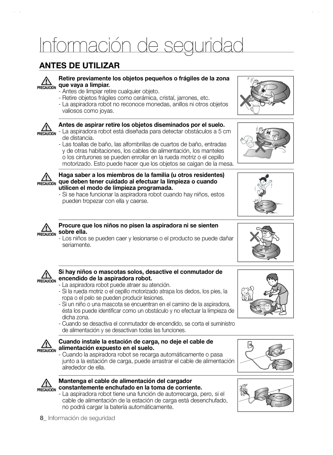 Samsung VCR8845T3R/XEC, VCR8845T3A/XET, VCR8845T3A/XEF manual Antes de aspirar retire los objetos diseminados por el suelo 