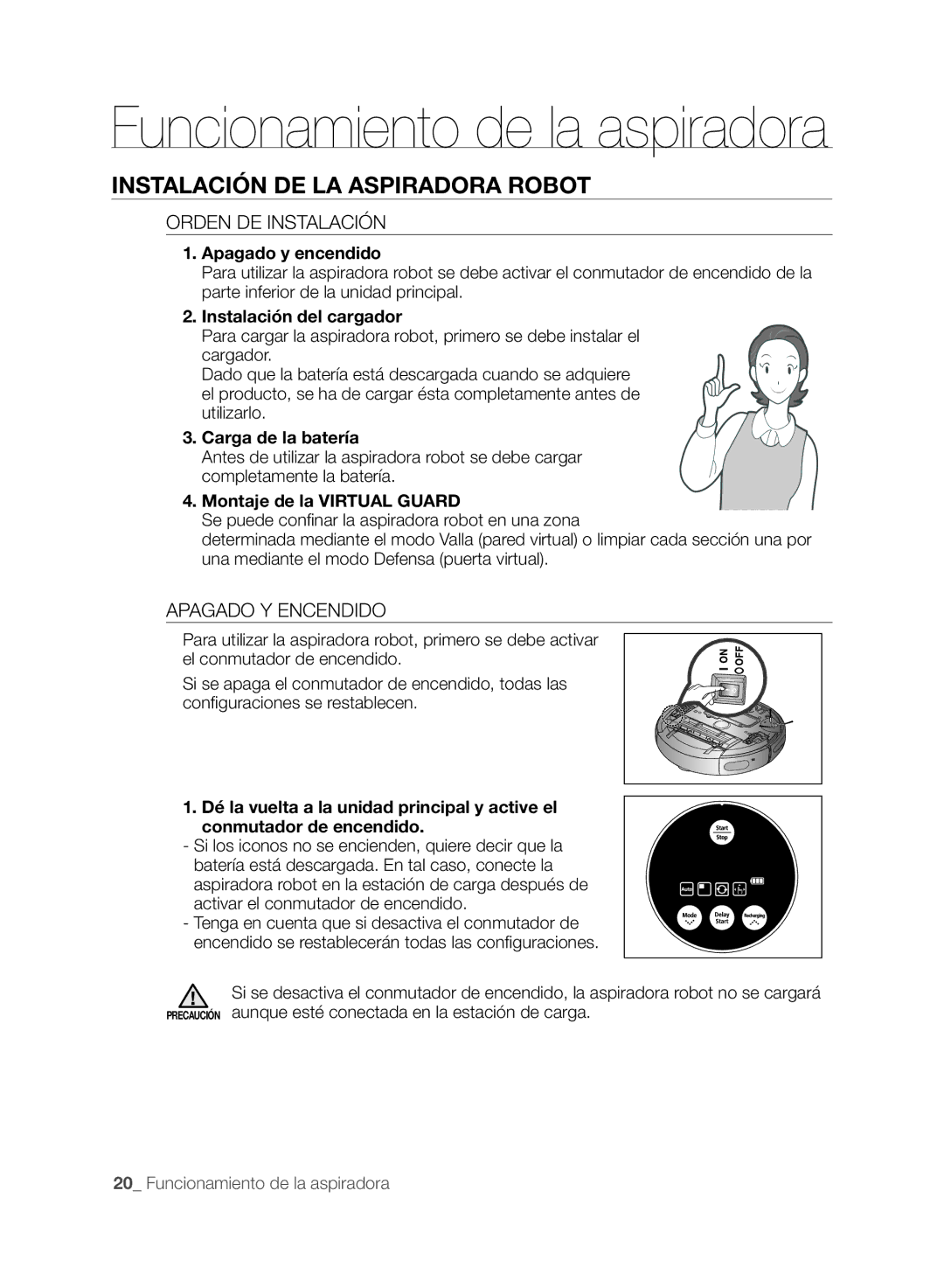 Samsung VCR8845T3A/XET, VCR8849T3A/XEF manual Instalación DE LA Aspiradora Robot, Orden DE Instalación, Apagado Y Encendido 