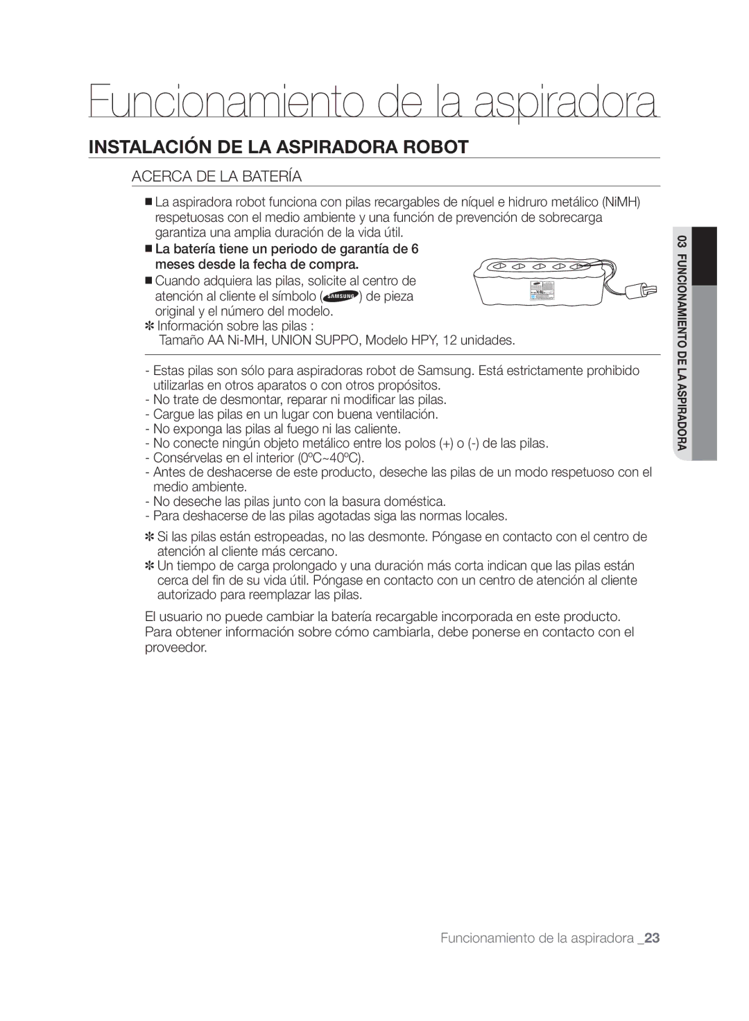 Samsung VCR8845T3R/XEC, VCR8845T3A/XET, VCR8849T3A/XEF, VCR8845T3A/XEF manual Acerca DE LA Batería 