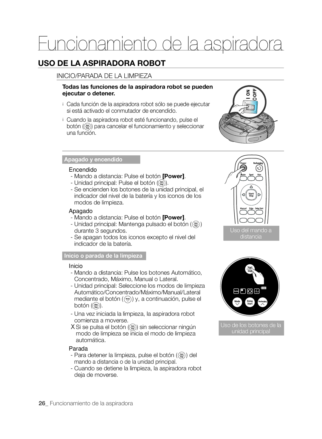 Samsung VCR8845T3A/XEF, VCR8845T3A/XET, VCR8849T3A/XEF USO DE LA Aspiradora Robot, INICIO/PARADA DE LA Limpieza, Inicio 