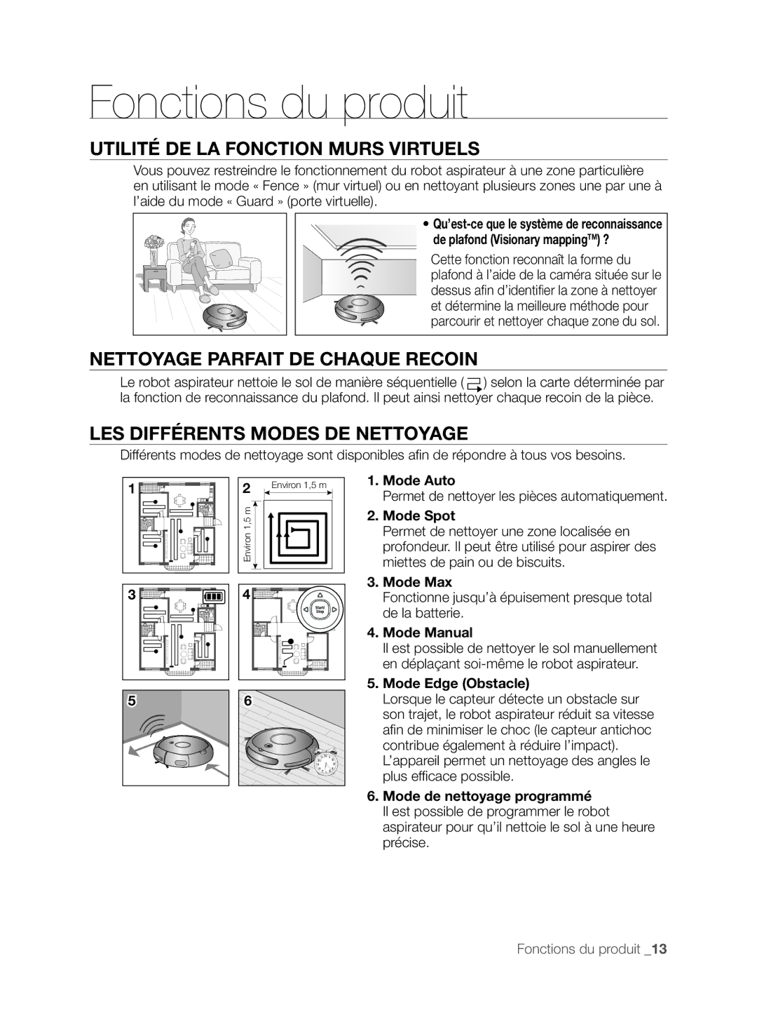 Samsung VCR8849T3A/XEF Fonctions du produit, Utilité DE LA Fonction Murs Virtuels, Nettoyage Parfait DE Chaque Recoin 