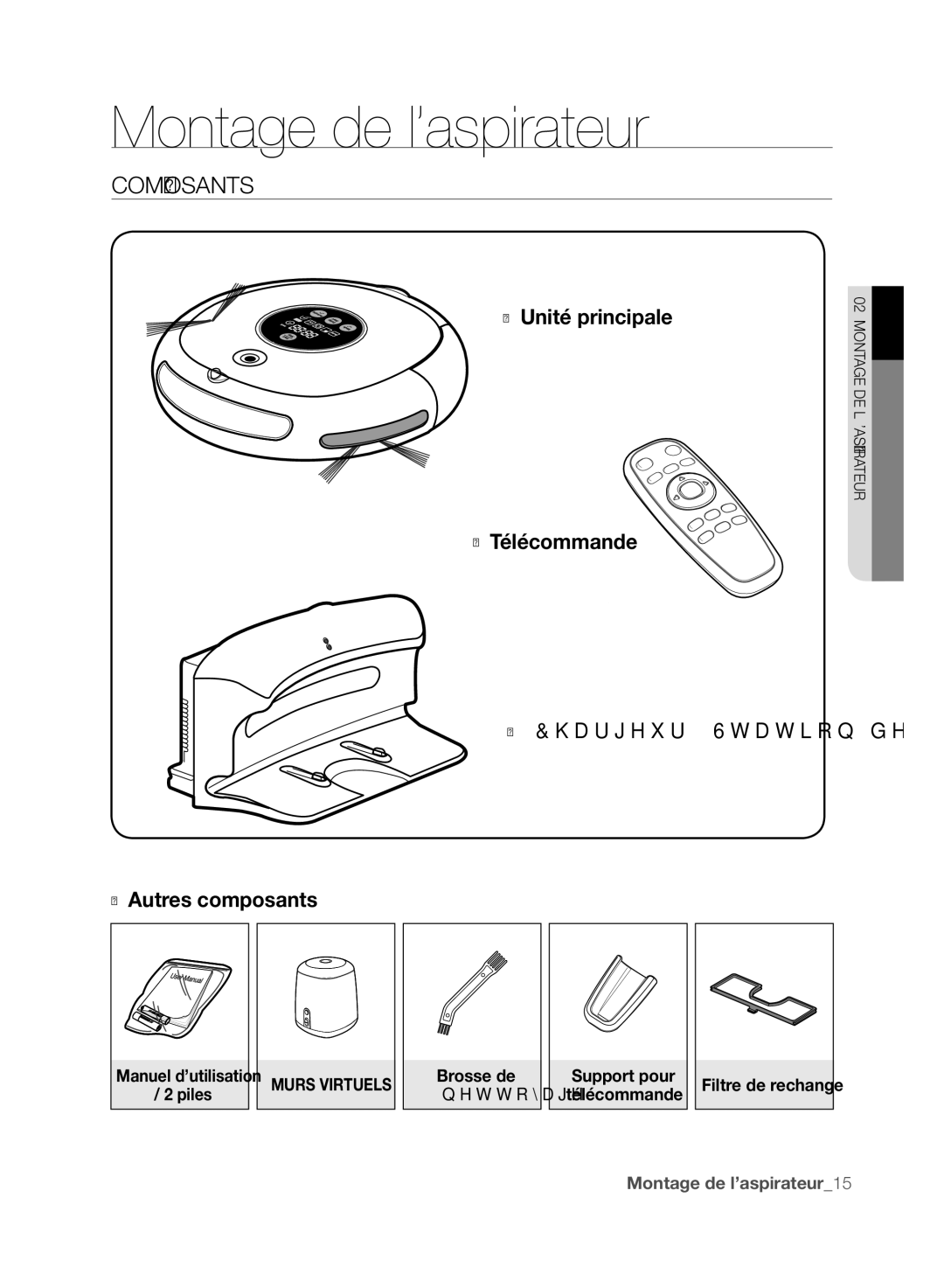 Samsung VCR8845T3R/XEC, VCR8845T3A/XET, VCR8849T3A/XEF manual Montage de l’aspirateur, Composants, Support pour Télécommande 