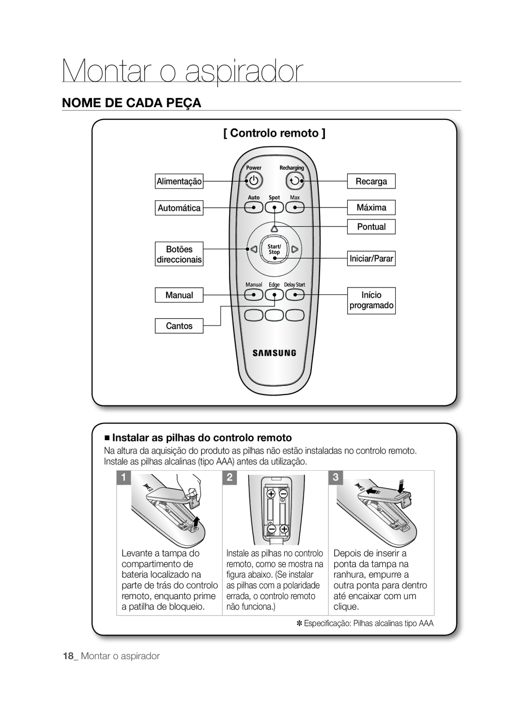 Samsung VCR8845T3A/XET, VCR8849T3A/XEF, VCR8845T3A/XEF manual Controlo remoto, Instalar as pilhas do controlo remoto 