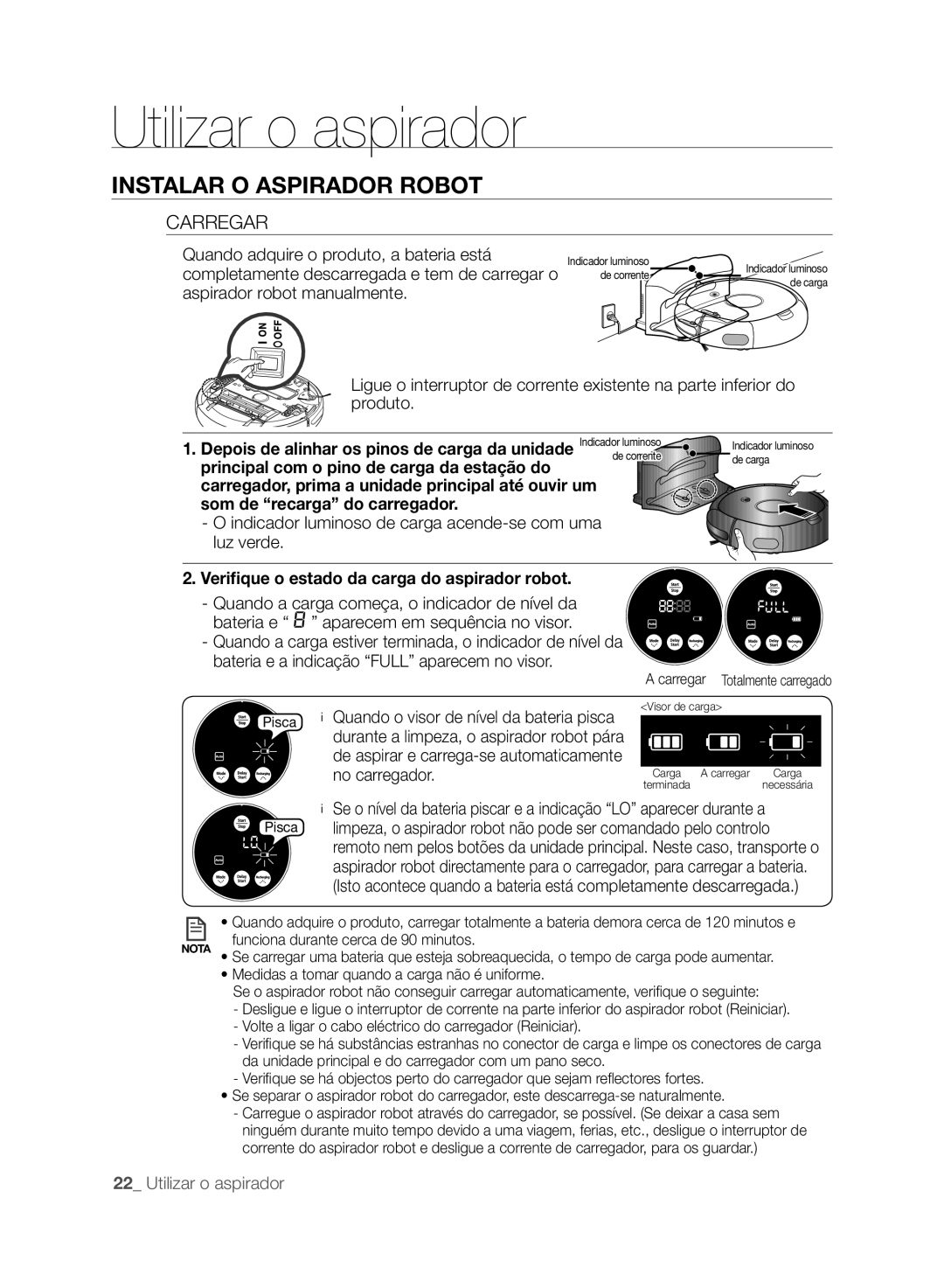 Samsung VCR8845T3A/XET Carregar, Som de recarga do carregador, Indicador luminoso de carga acende-se com uma luz verde 