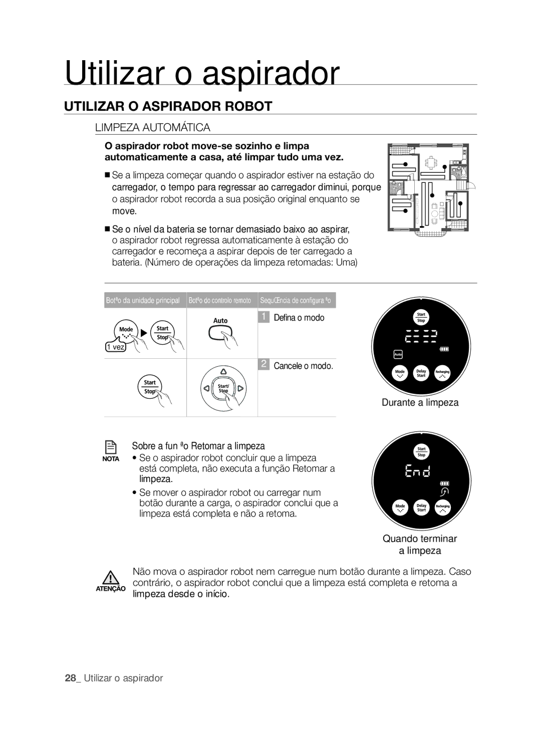 Samsung VCR8845T3A/XEF, VCR8845T3A/XET manual Limpeza Automática, Quando terminar Limpeza, Atenção limpeza desde o início 