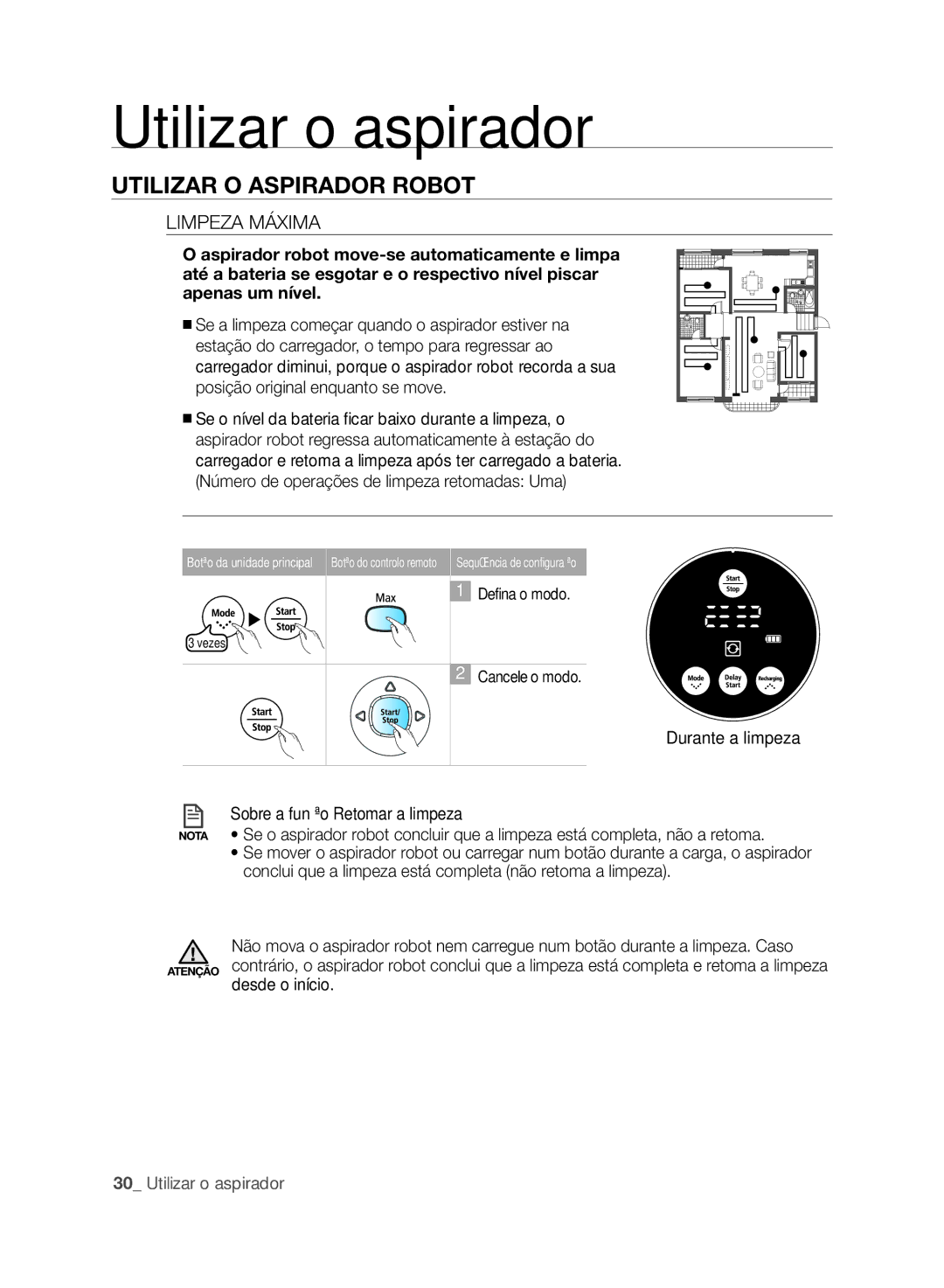 Samsung VCR8845T3A/XET Limpeza Máxima, Número de operações de limpeza retomadas Uma, Durante a limpeza, Desde o início 