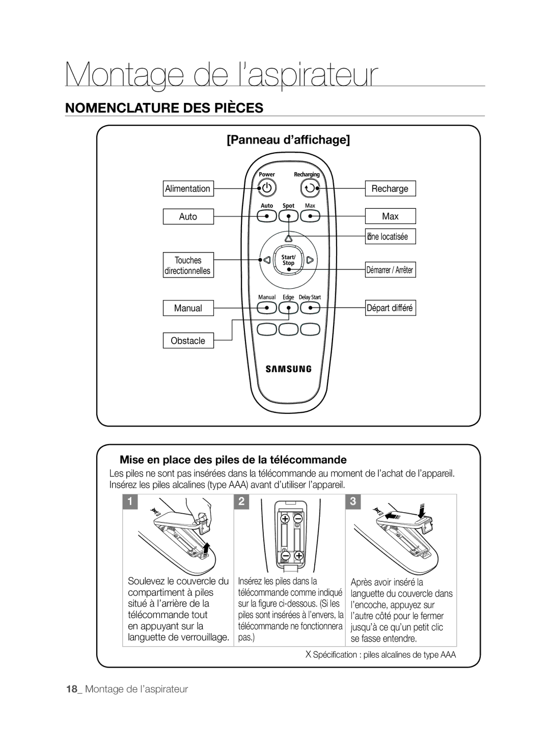 Samsung VCR8845T3A/XEF, VCR8845T3A/XET, VCR8849T3A/XEF manual Panneau d’affichage, Mise en place des piles de la télécommande 