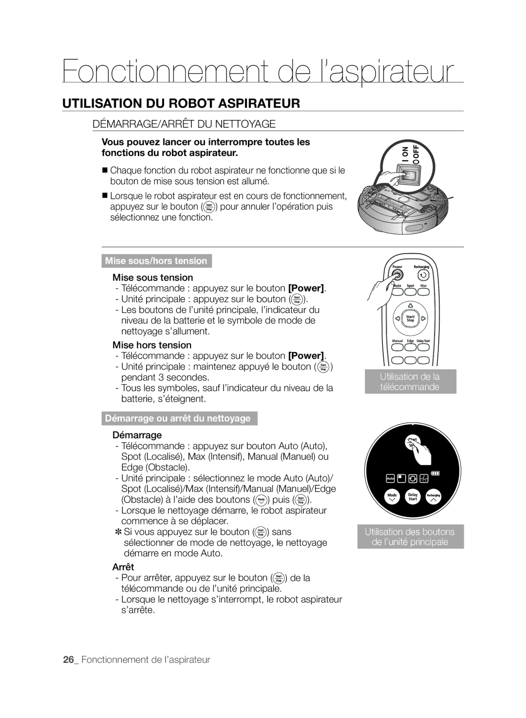 Samsung VCR8845T3A/XEF, VCR8845T3A/XET, VCR8849T3A/XEF manual Utilisation DU Robot Aspirateur, DÉMARRAGE/ARRÊT DU Nettoyage 