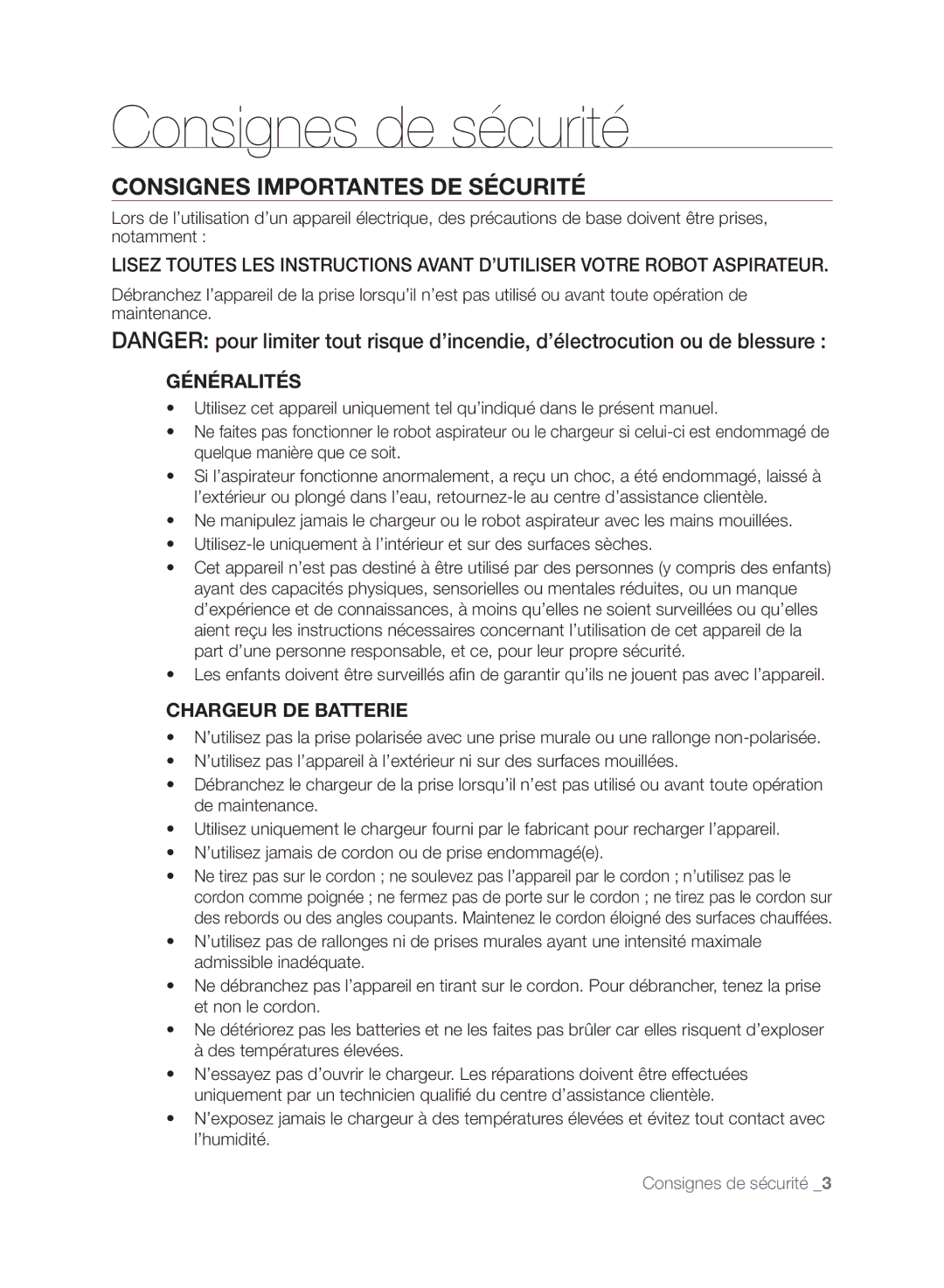 Samsung VCR8845T3R/XEC, VCR8845T3A/XET, VCR8849T3A/XEF Consignes Importantes DE Sécurité, Généralités, Chargeur DE Batterie 