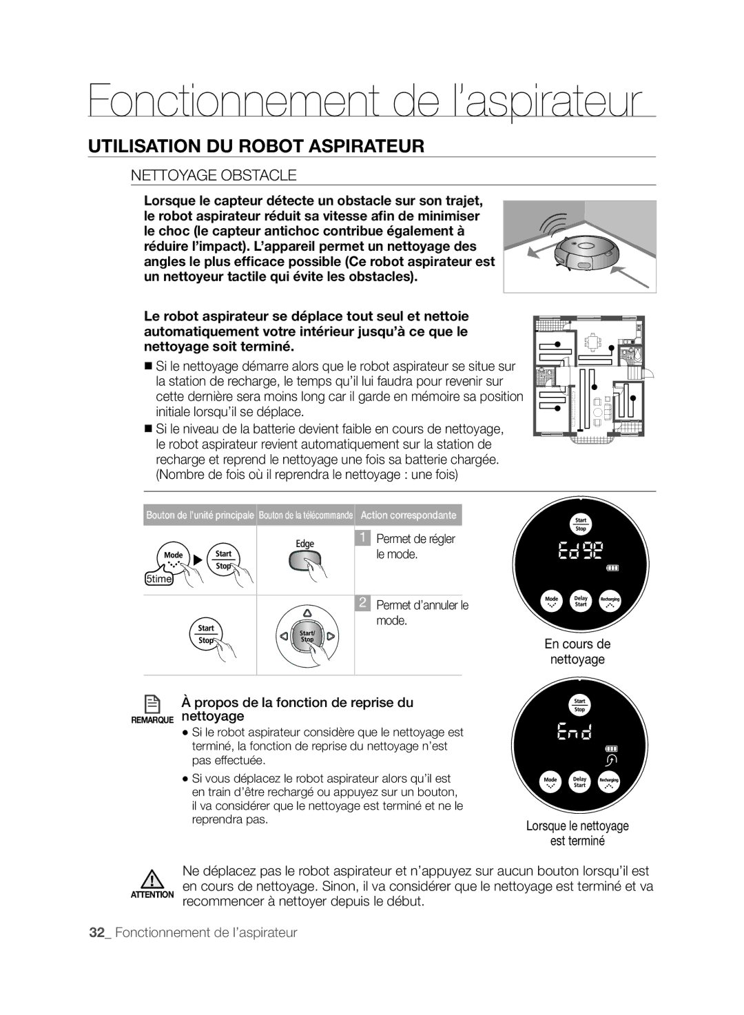 Samsung VCR8845T3A/XET, VCR8849T3A/XEF manual Nettoyage Obstacle, En cours de Nettoyage Lorsque le nettoyage Est terminé 