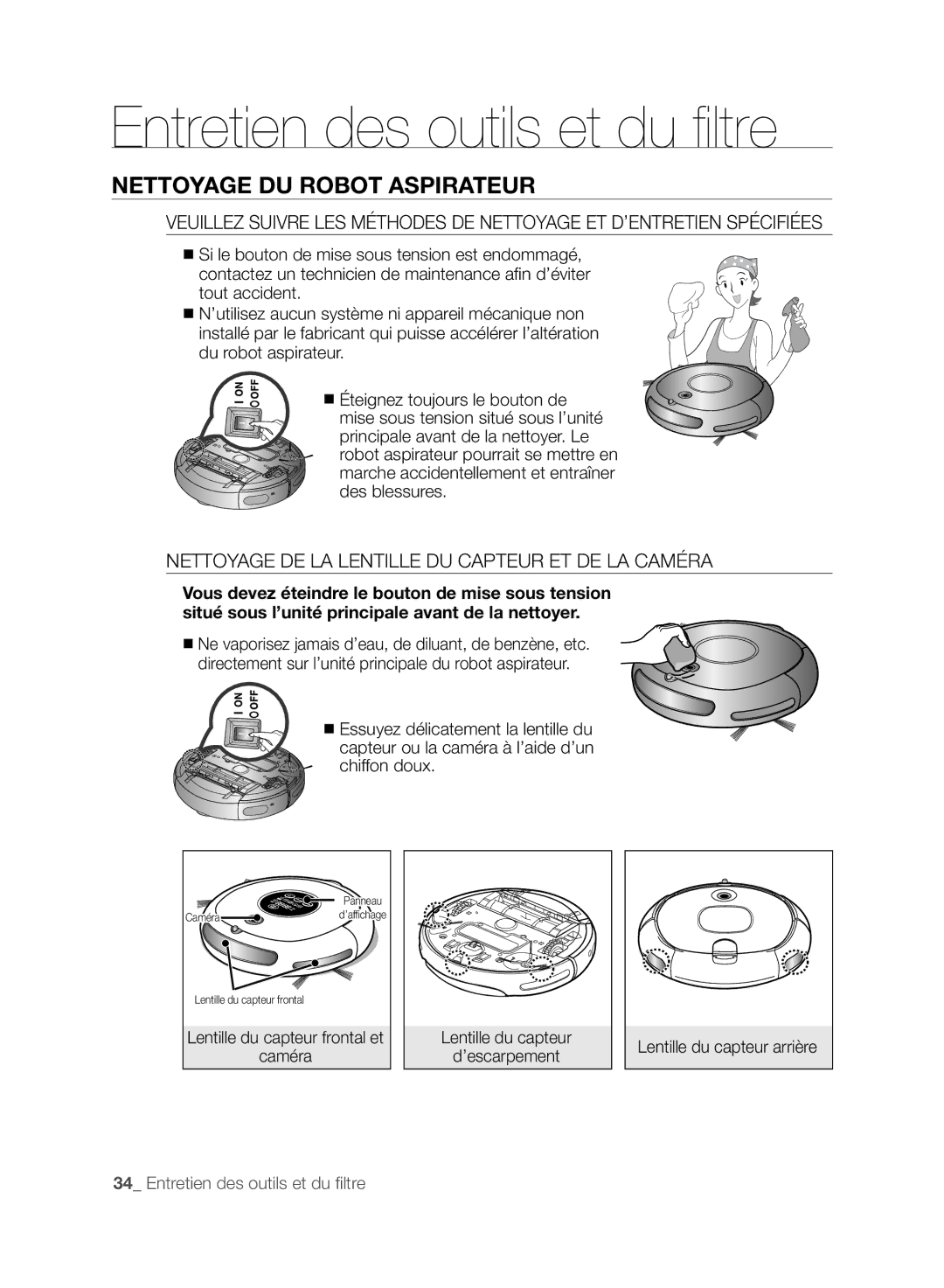 Samsung VCR8845T3A/XEF, VCR8845T3A/XET manual Entretien des outils et du filtre, Nettoyage DU Robot Aspirateur, Caméra 