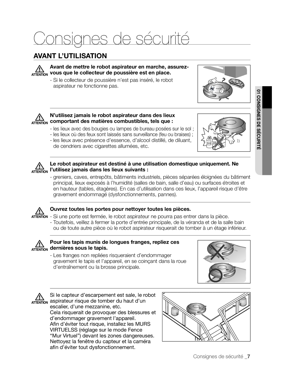 Samsung VCR8845T3R/XEC manual Avant L’UTILISATION, Aspirateur ne fonctionne pas, De cendriers avec cigarettes allumées, etc 