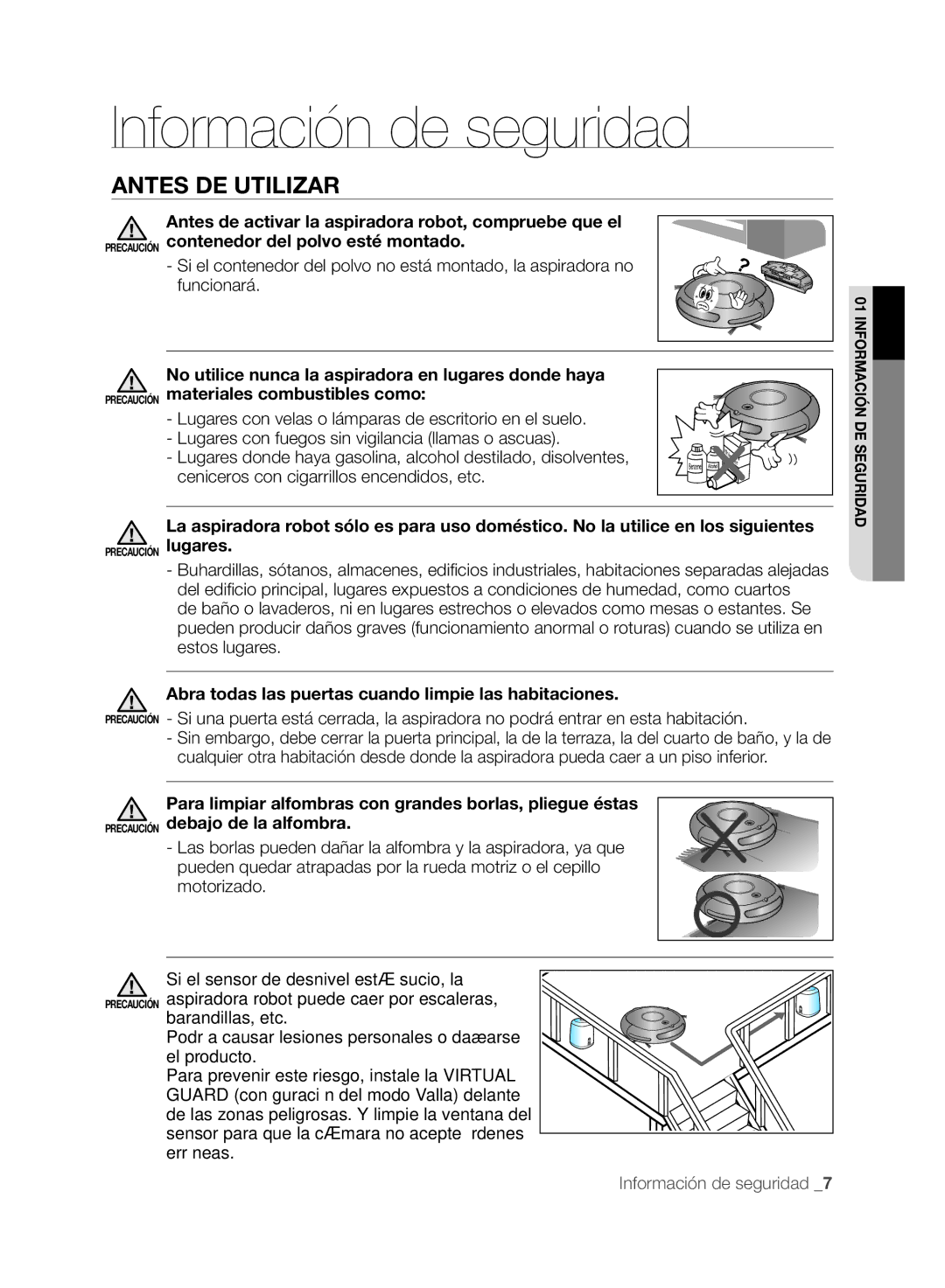 Samsung VCR8845T3R/XEC manual Antes DE Utilizar, Antes de activar la aspiradora robot, compruebe que el, Funcionará 