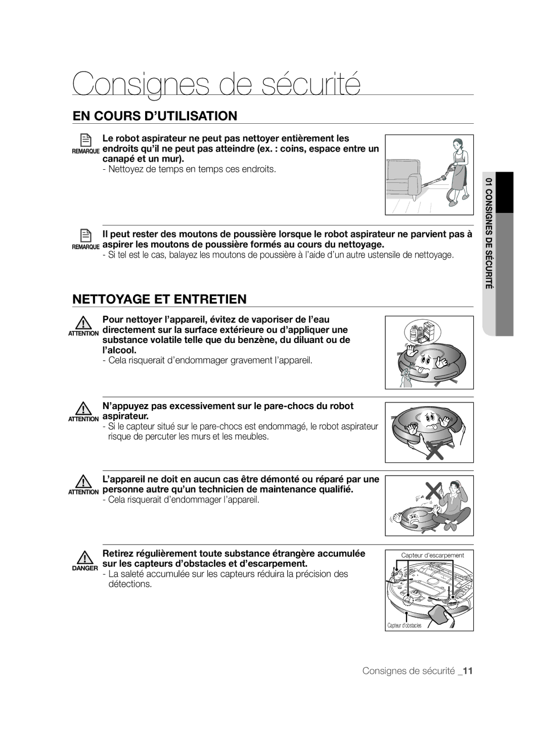 Samsung VCR8847T3B/XEF manual Nettoyage ET Entretien, ’appuyez pas excessivement sur le pare-chocs du robot 