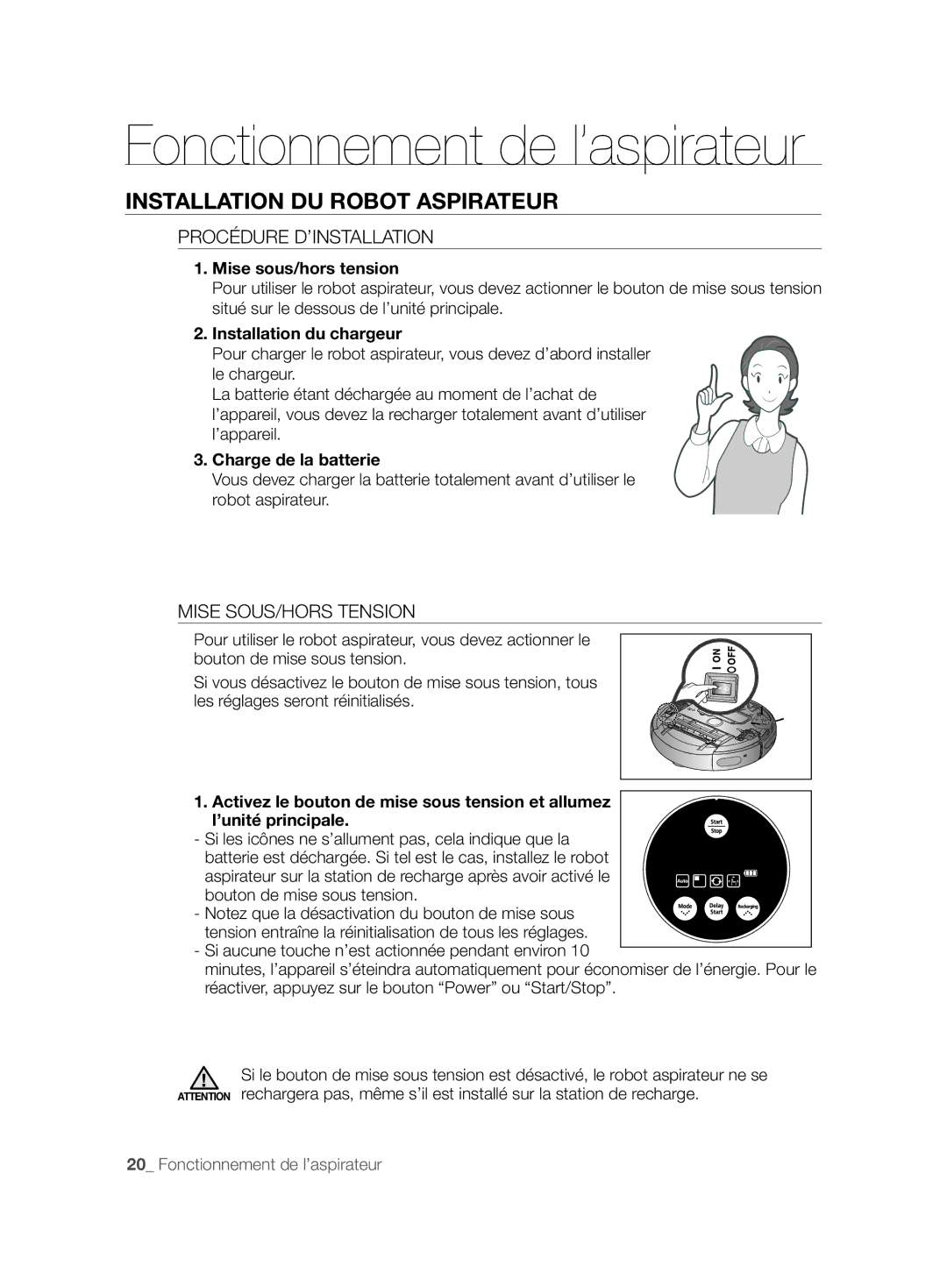 Samsung VCR8847T3B/XEF manual Installation DU Robot Aspirateur, Procédure D’INSTALLATION, Mise SOUS/HORS Tension 