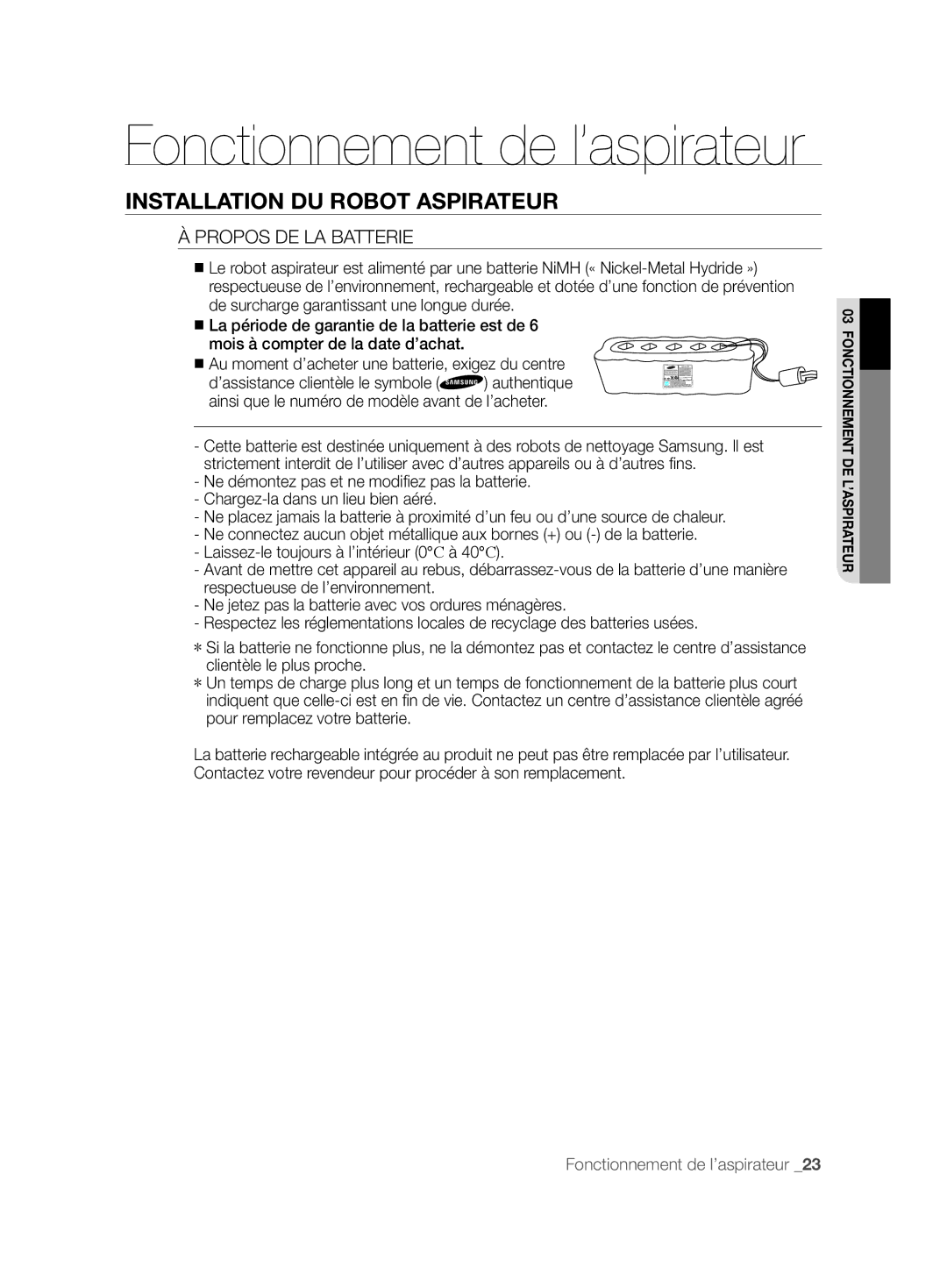 Samsung VCR8847T3B/XEF manual Propos DE LA Batterie 