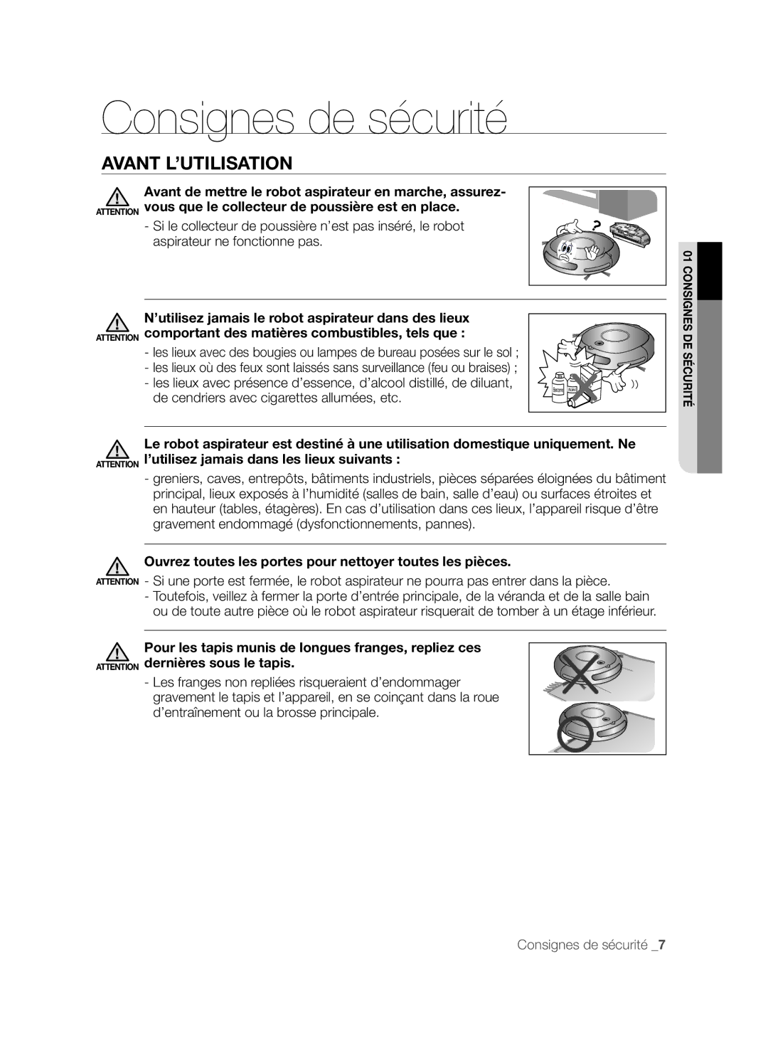 Samsung VCR8847T3B/XEF manual Avant L’UTILISATION, Avant de mettre le robot aspirateur en marche, assurez 