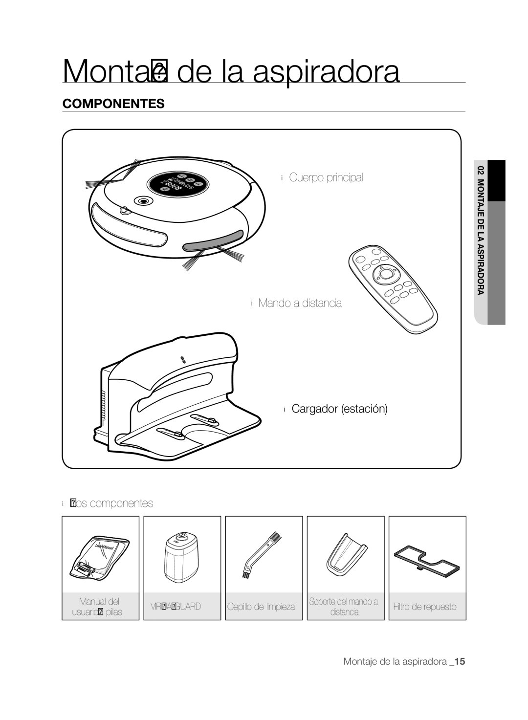 Samsung VCR8846T3R/XEF, VCR8848T3K/XEG manual Montaje de la aspiradora, Componentes, Manual del Usuario/2 pilas, Distancia 