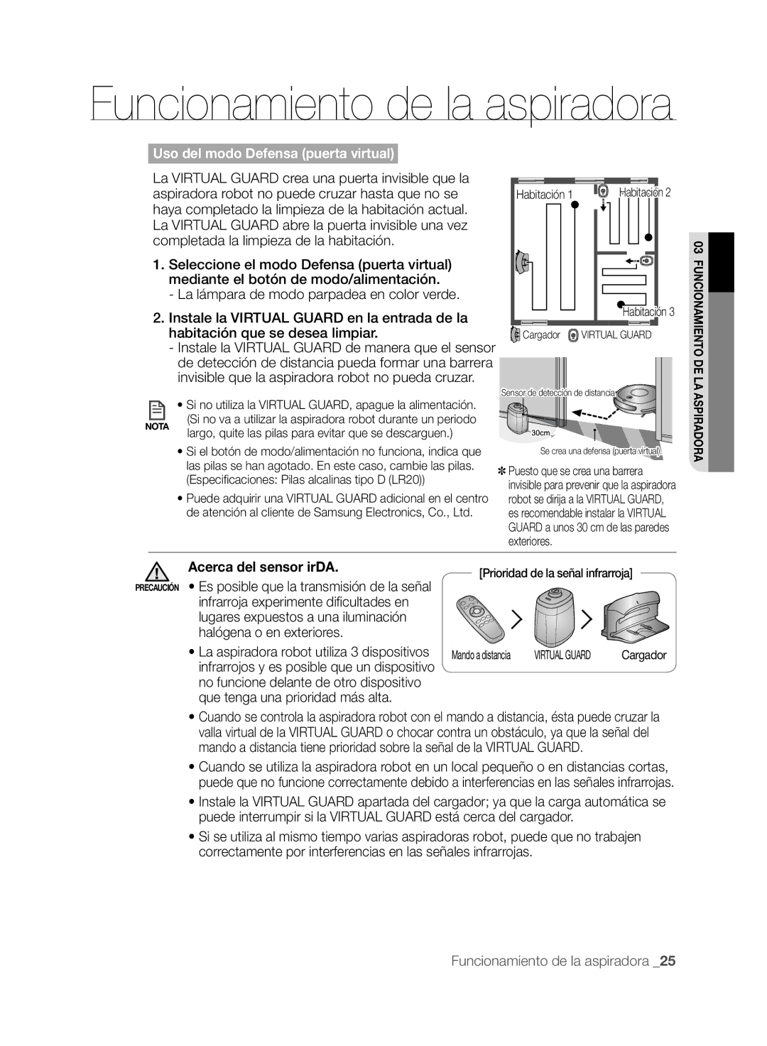 Samsung VCR8846T3R/XEF, VCR8848T3K/XEG, VCR8846T3A/XEG manual Habitación que se desea limpiar, Acerca del sensor irDA 