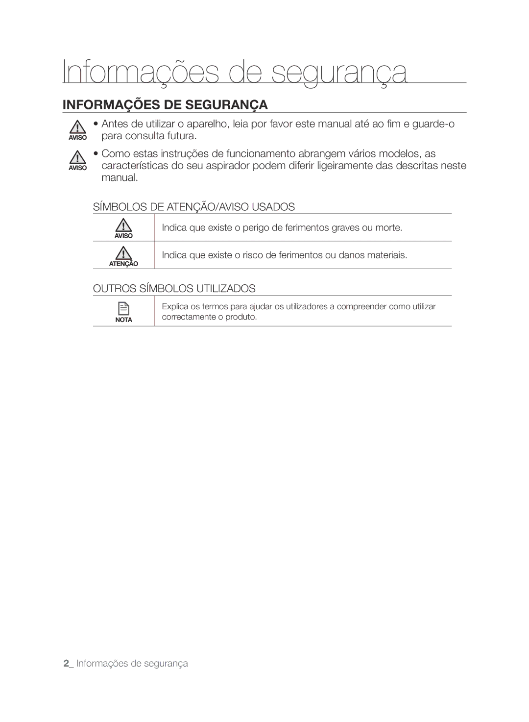 Samsung VCR8848T3K/XEG manual Informações de segurança, Informações DE Segurança, Símbolos DE ATENÇÃO/AVISO Usados 