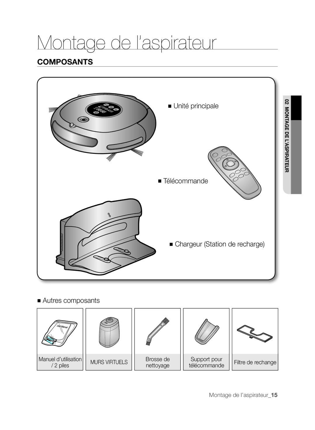 Samsung VCR8848T3K/XEG, VCR8846T3A/XEG, VCR8846T3R/XEF manual Montage de l’aspirateur, Composants, Support pour Télécommande 