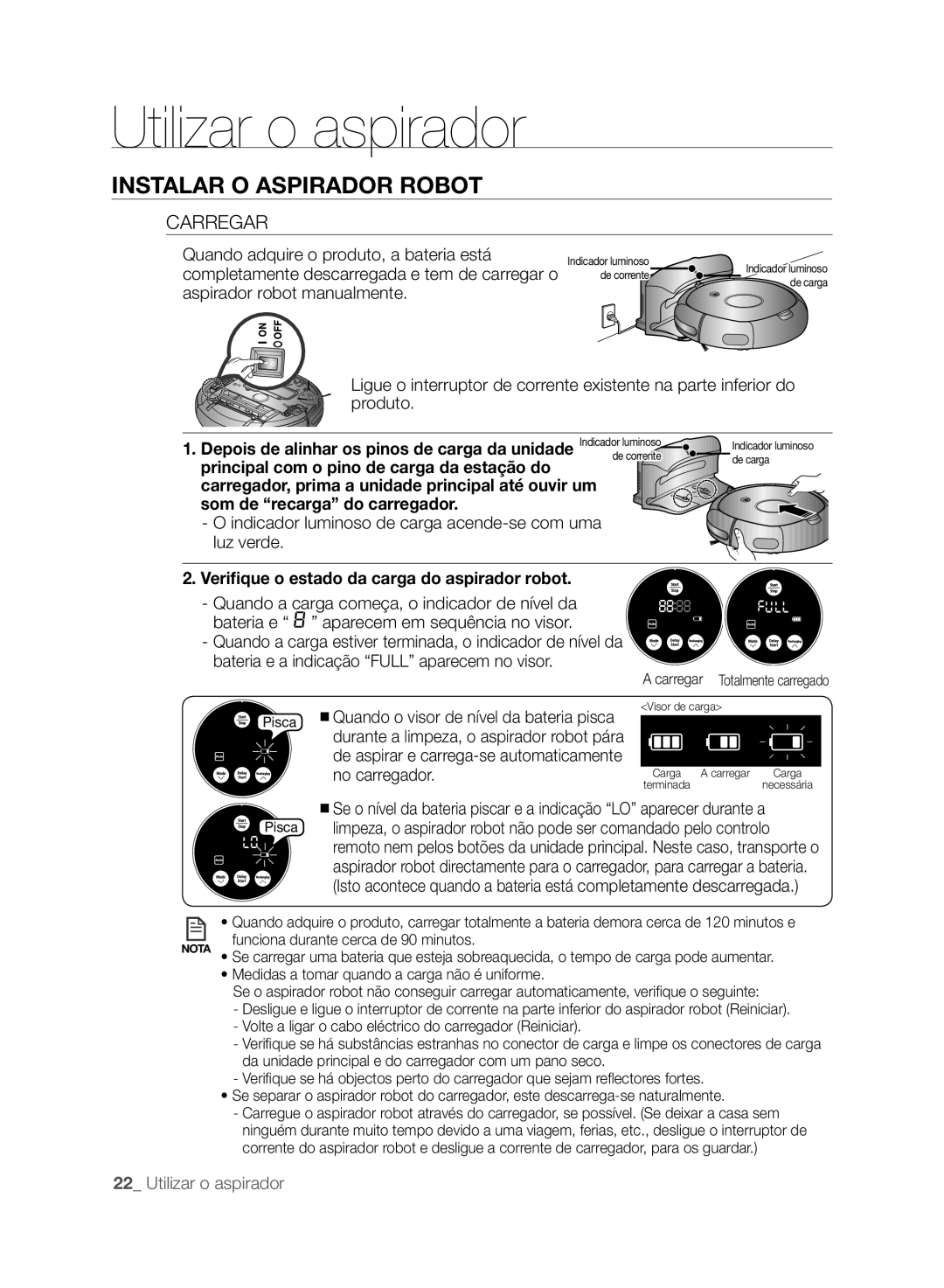 Samsung VCR8848T3K/XEG Carregar, Som de recarga do carregador, Indicador luminoso de carga acende-se com uma luz verde 