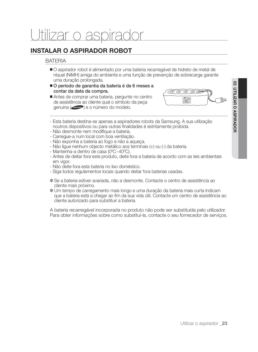 Samsung VCR8846T3A/XEG, VCR8848T3K/XEG, VCR8846T3R/XEF, VCR8848T3K/XEO, VCR8848T3K/SWS manual Bateria 