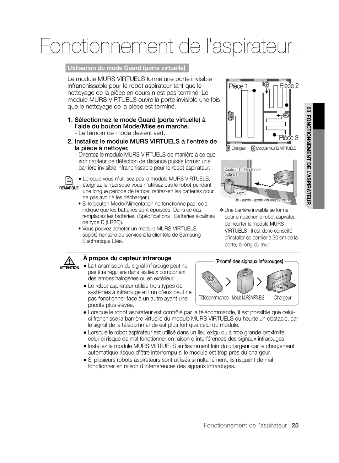 Samsung VCR8848T3K/XEG Installez le module Murs Virtuels à l’entrée de, La pièce à nettoyer, Propos du capteur infrarouge 