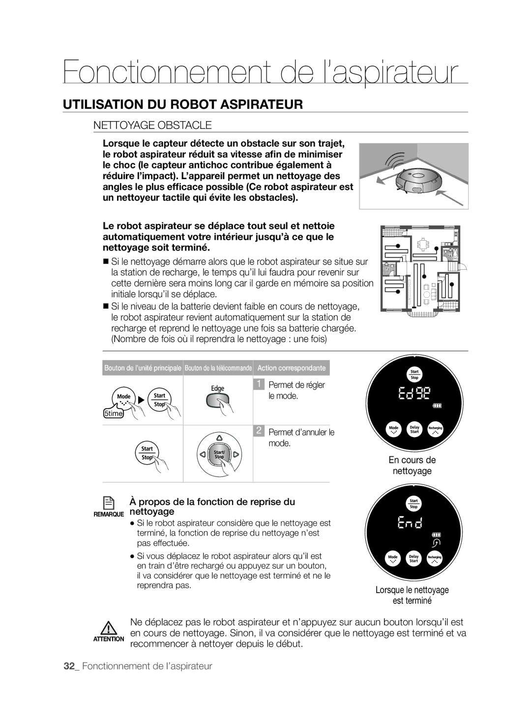 Samsung VCR8846T3R/XEF, VCR8848T3K/XEG manual Nettoyage Obstacle, En cours de Nettoyage Lorsque le nettoyage Est terminé 