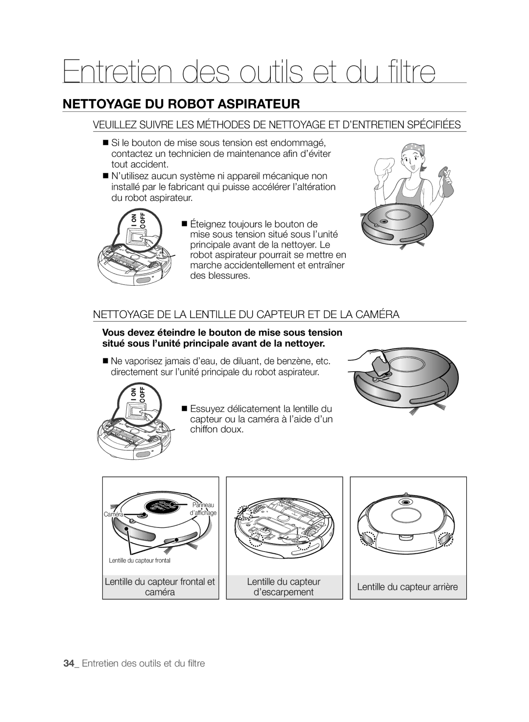 Samsung VCR8848T3K/SWS, VCR8848T3K/XEG manual Entretien des outils et du filtre, Nettoyage DU Robot Aspirateur, Caméra 