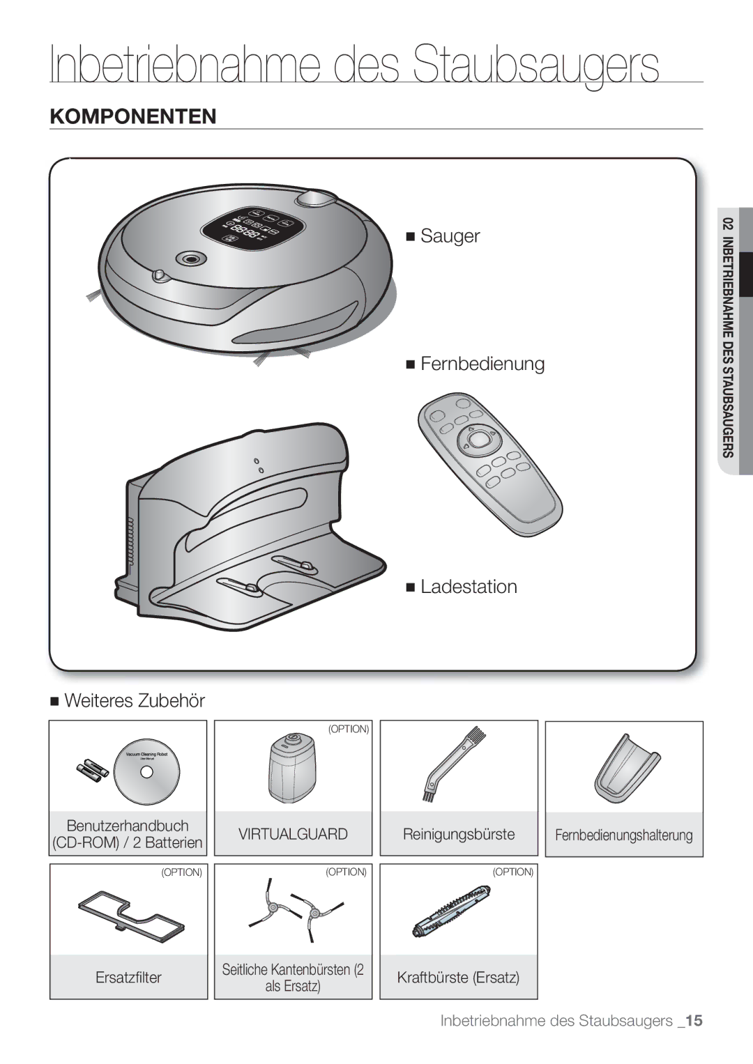 Samsung VCR8849T3A/XEF manual Komponenten, Benutzerhandbuch CD-ROM / 2 Batterien, Ersatzﬁ lter, Als Ersatz Reinigungsbürste 