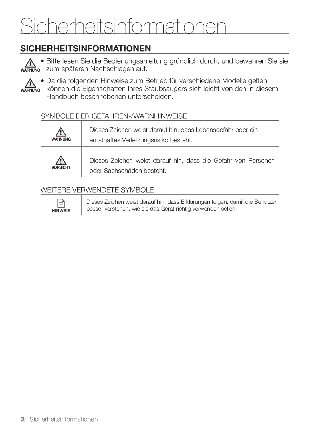 Samsung VCR8849T3K/XEG manual Sicherheitsinformationen, Symbole DER GEFAHREN-/WARNHINWEISE, Weitere Verwendete Symbole 