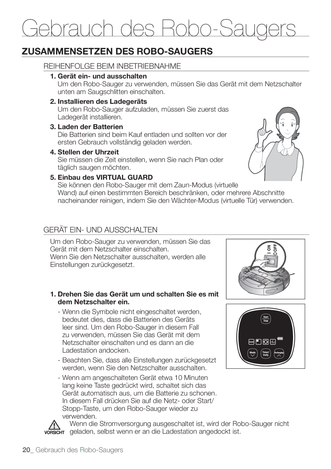 Samsung VCR8849T3K/XEG manual Zusammensetzen DES ROBO-SAUGERS, Reihenfolge Beim Inbetriebnahme, Gerät EIN- UND Ausschalten 