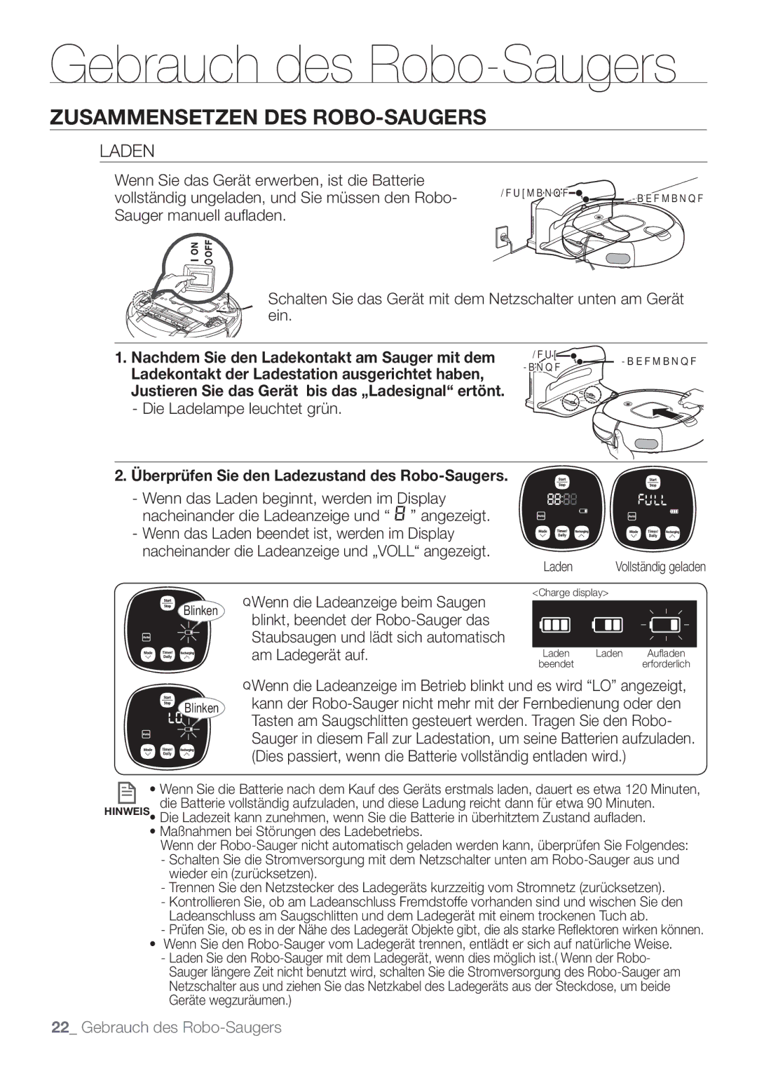 Samsung VCR8849T3K/XEG, VCR8849T3A/XEF manual Laden, Überprüfen Sie den Ladezustand des Robo-Saugers 