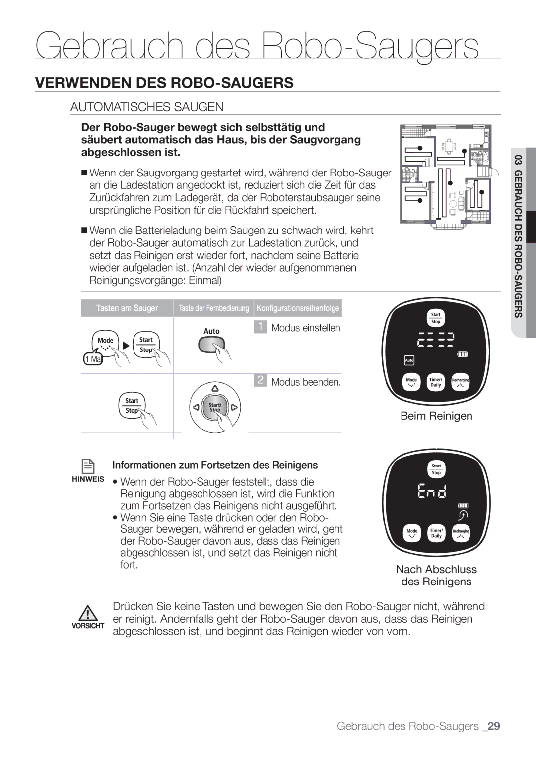 Samsung VCR8849T3A/XEF, VCR8849T3K/XEG manual Automatisches Saugen, Informationen zum Fortsetzen des Reinigens 