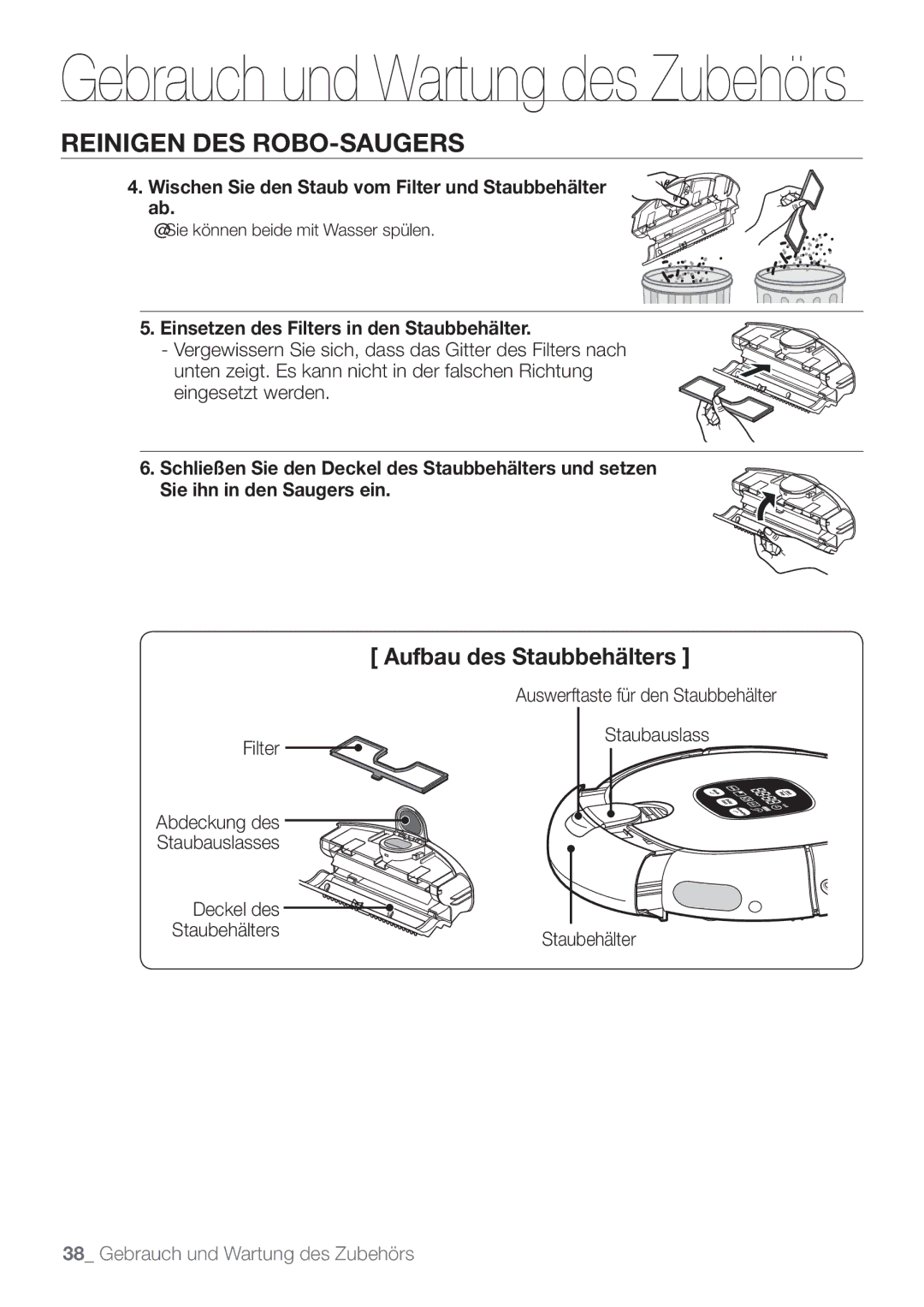 Samsung VCR8849T3K/XEG Wischen Sie den Staub vom Filter und Staubbehälter ab, Einsetzen des Filters in den Staubbehälter 