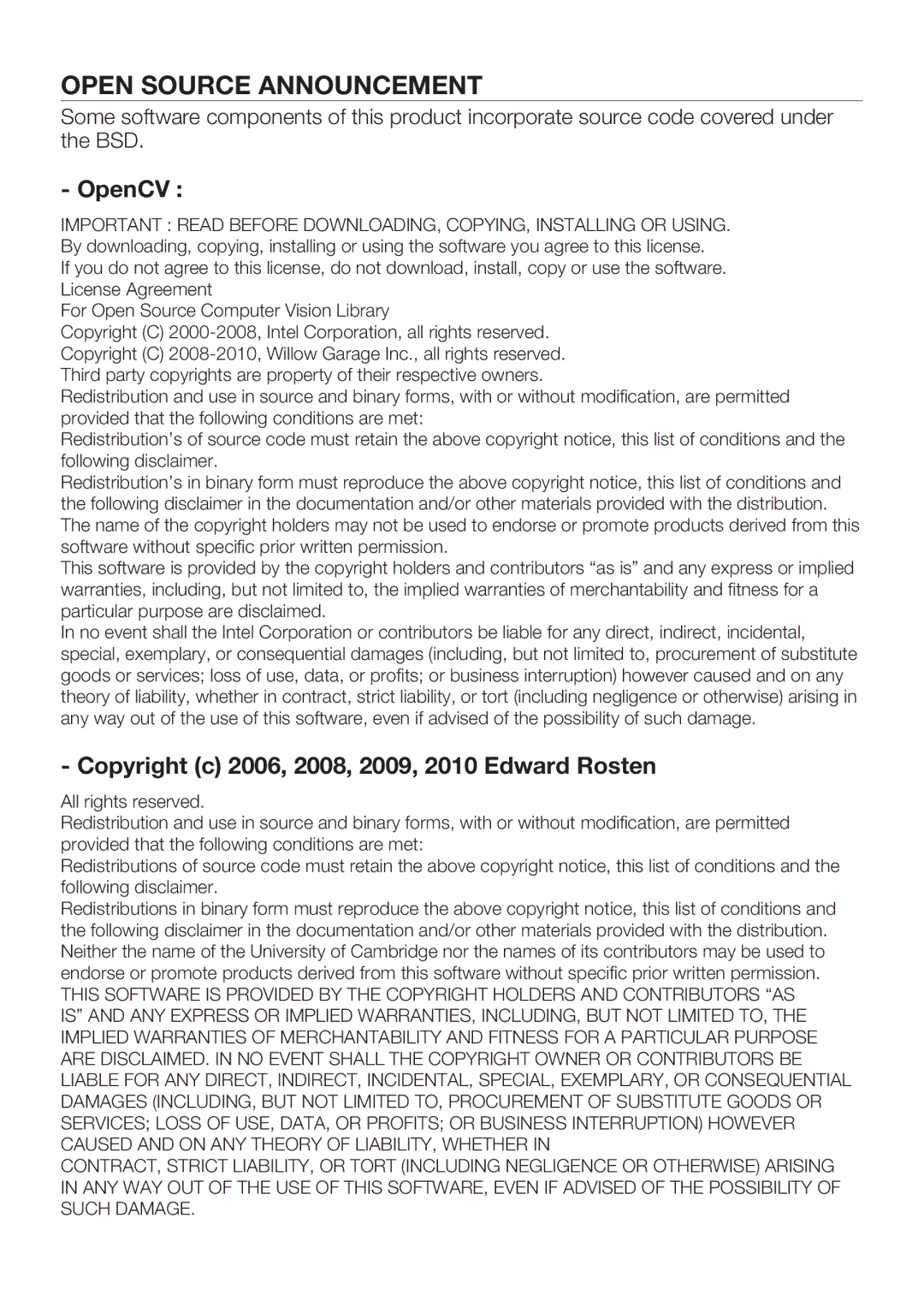 Samsung VCR8849T3K/XEG, VCR8849T3A/XEF manual Open Source Announcement, OpenCV 