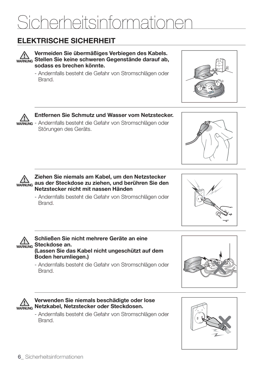 Samsung VCR8849T3K/XEG, VCR8849T3A/XEF Elektrische Sicherheit, Andernfalls besteht die Gefahr von Stromschlägen oder Brand 