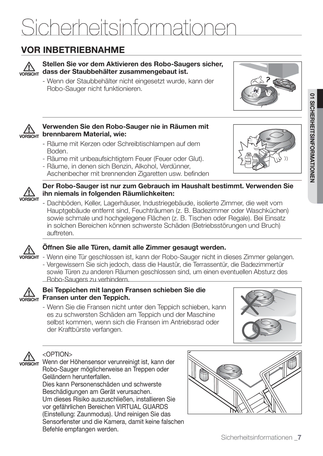 Samsung VCR8849T3A/XEF, VCR8849T3K/XEG manual VOR Inbetriebnahme, Räume mit Kerzen oder Schreibtischlampen auf dem Boden 