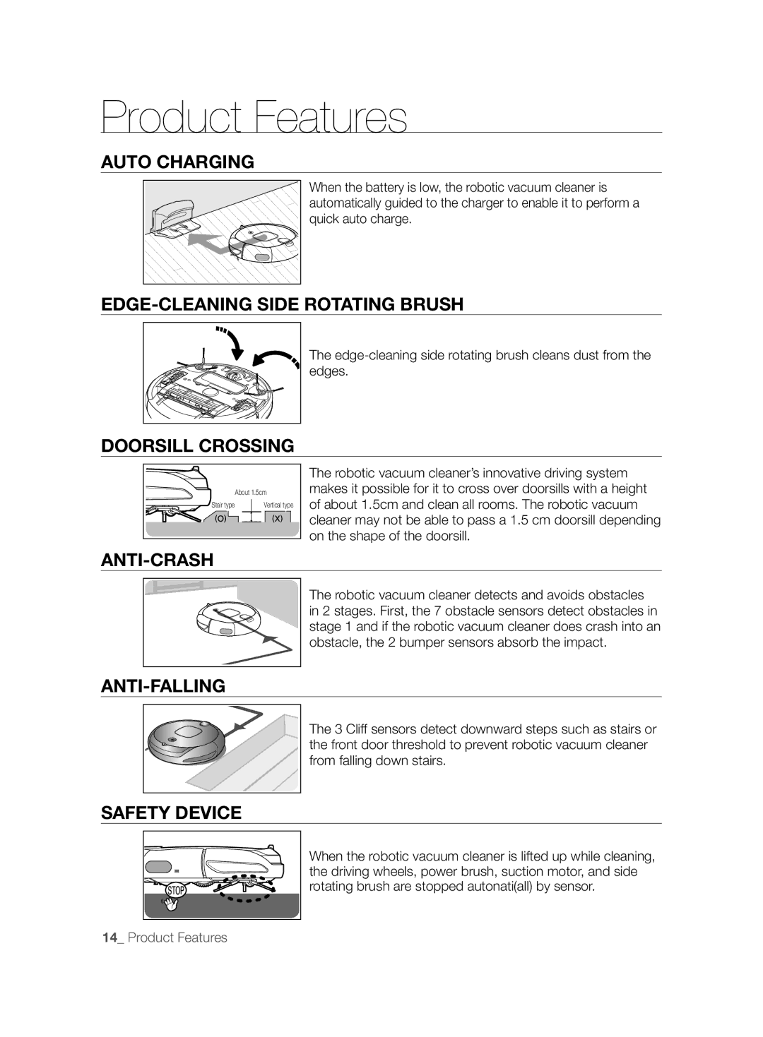 Samsung VCR8850L3R/XAG manual Auto Charging, EDGE-CLEANING Side Rotating Brush, Doorsill Crossing, Anti-Crash, Anti-Falling 