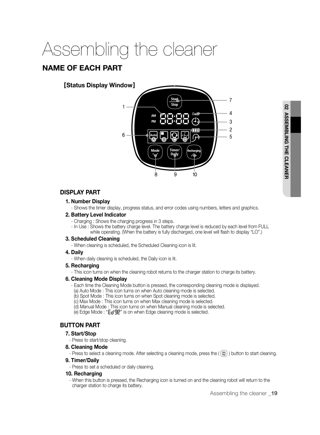 Samsung VCR8850L3R/XEO, VCR8850L3R/XEG, VCR8850L3R/XET, VCR8850L3R/XAG manual Display Part, Button Part 